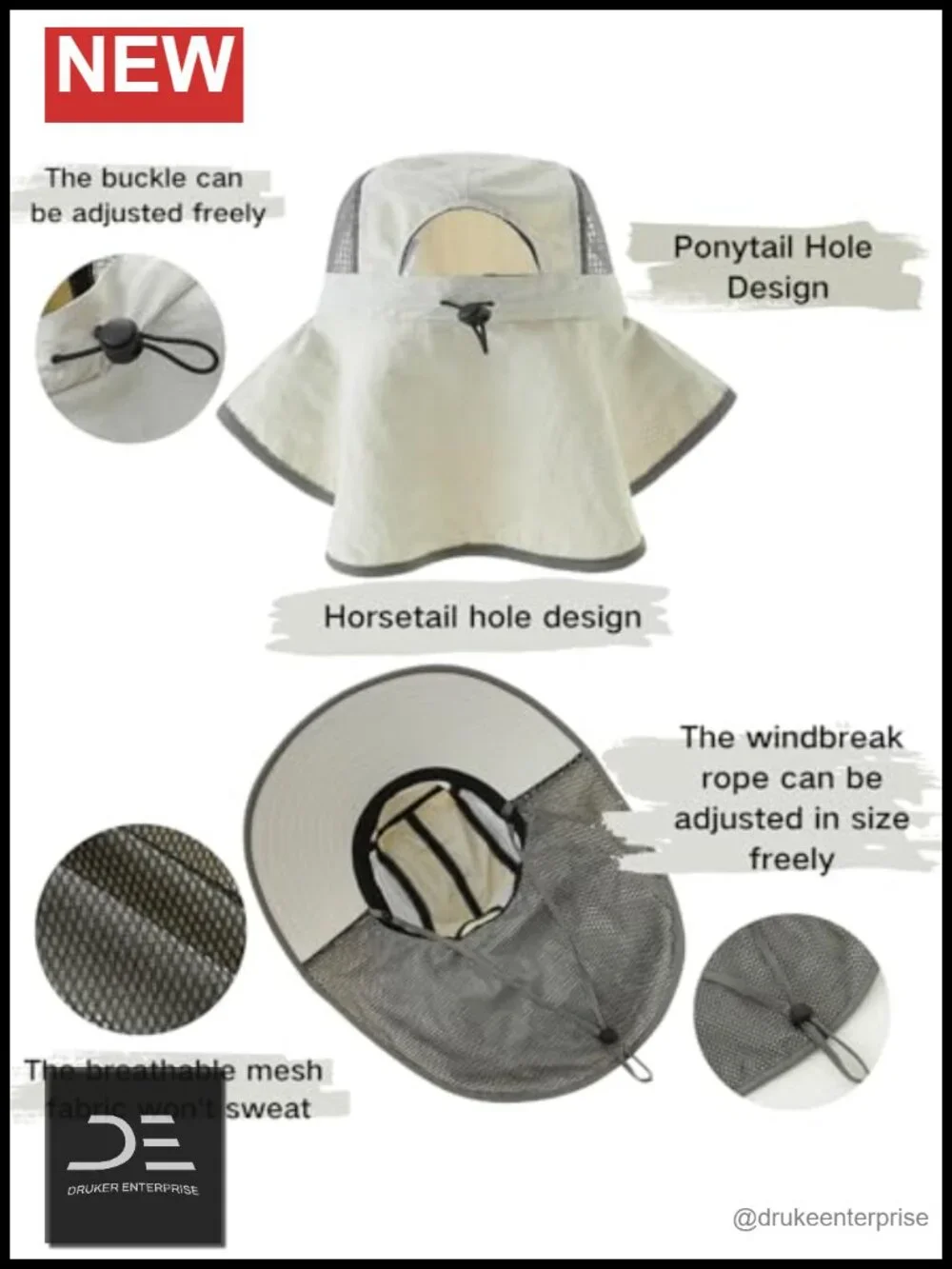 UPF 50+ Sun Hat with Ponytail Hole, Waterproof Nylon, Foldable Wide Brim